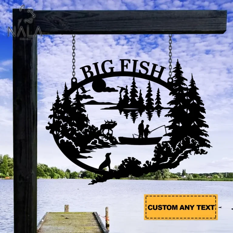 Personalized Father & Son Fishing Nature Scene Metal Hanging Sign, Fishing Gate Deoration, Family Fishing Metal Decor