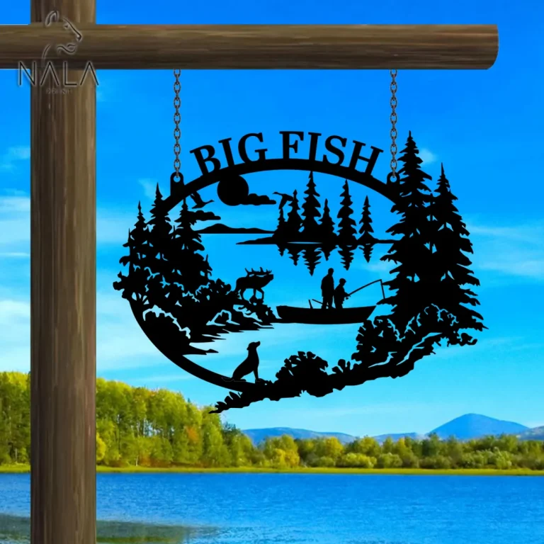 Personalized Father & Son Fishing Nature Scene Metal Hanging Sign, Fishing Gate Deoration, Family Fishing Metal Decor