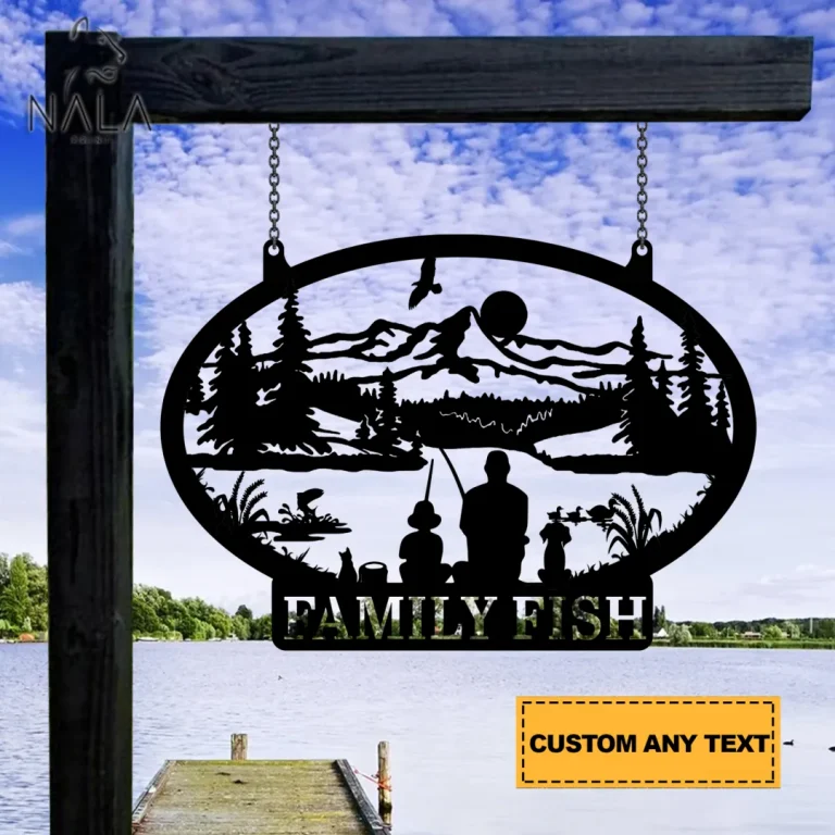 Personalized Family Fish Mountain Landscape Gate Metal Decor, Custom Metal Sign For Front Porch, Fishing Hanging Sign