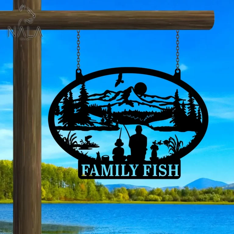 Personalized Family Fish Mountain Landscape Gate Metal Decor, Custom Metal Sign For Front Porch, Fishing Hanging Sign