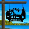 Personalized Dad And Son Go Fishing Together Metal Sign, Family Fish Gate Decor, Front Porch Hanging Sign