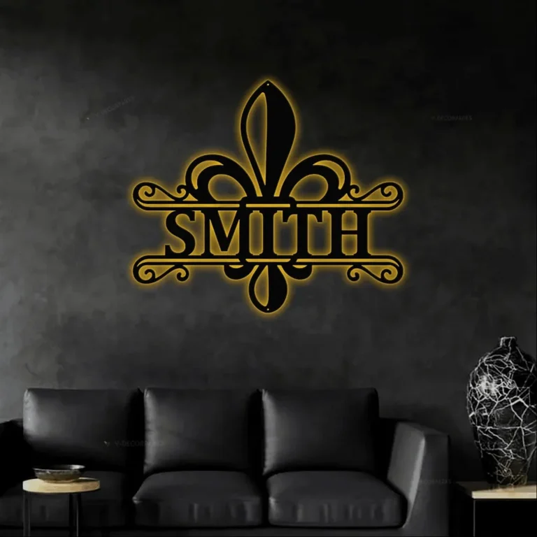 Fleur De Lis Custom Sign With Led Lights, Split Monogram Sign, Last Name Metal Sign, Housewarming Gift, Wedding Gift, Custom Metal Sign