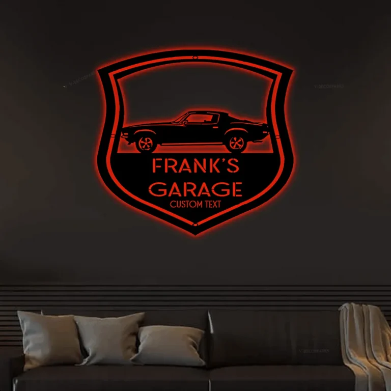 Garage Car Led Lights Sign Monogram Steel Sign, Personalized Garage Car Monogram Wall Decor Classic Camaro 1970 Side Wall Art Decor