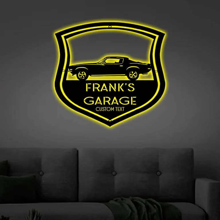 Garage Car Led Lights Sign Monogram Steel Sign, Personalized Garage Car Monogram Wall Decor Classic Camaro 1970 Side Wall Art Decor