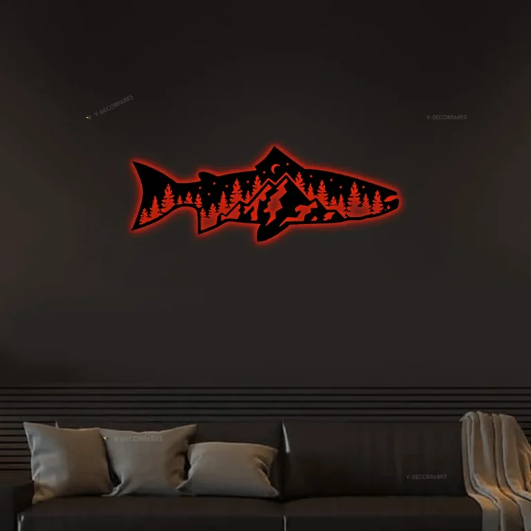 Trout Fish Mountain Metal Sign With Led Lights, Metal Wall Art, Trout Fishing, Cabin, Lodge, Cabin Decor, Wall Decor