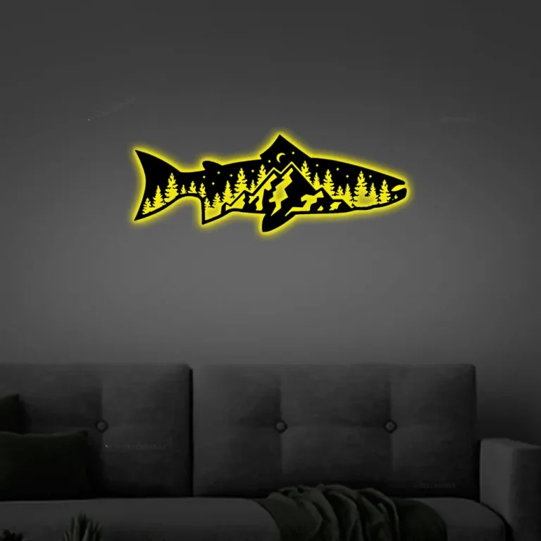 Trout Fish Mountain Metal Sign With Led Lights, Metal Wall Art, Trout Fishing, Cabin, Lodge, Cabin Decor, Wall Decor