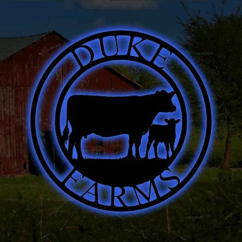 Personalized Cow Metal Sign With Led Lights, Custom Metal Cow And Calf Metal Wall Art, Metal Door Hanger, Ranch Sign, Farm Sign