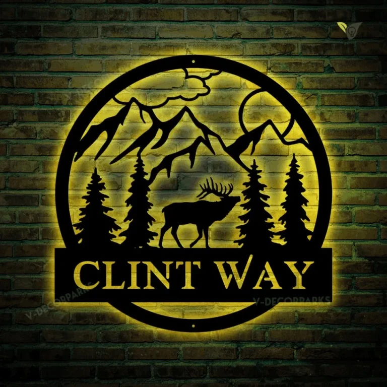 Elk Mountain Scene Family Name Metal Art With Led Lights, Front Entrance Family Name Sign, Handcrafted Metal Art, Wall DÃ©cor