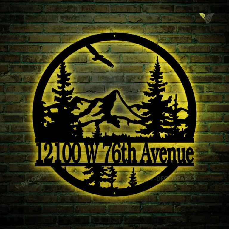 Personalized Address Metal Sign With Led Lights - Mountain Pine Tree Address Sign - Custom Address Sign