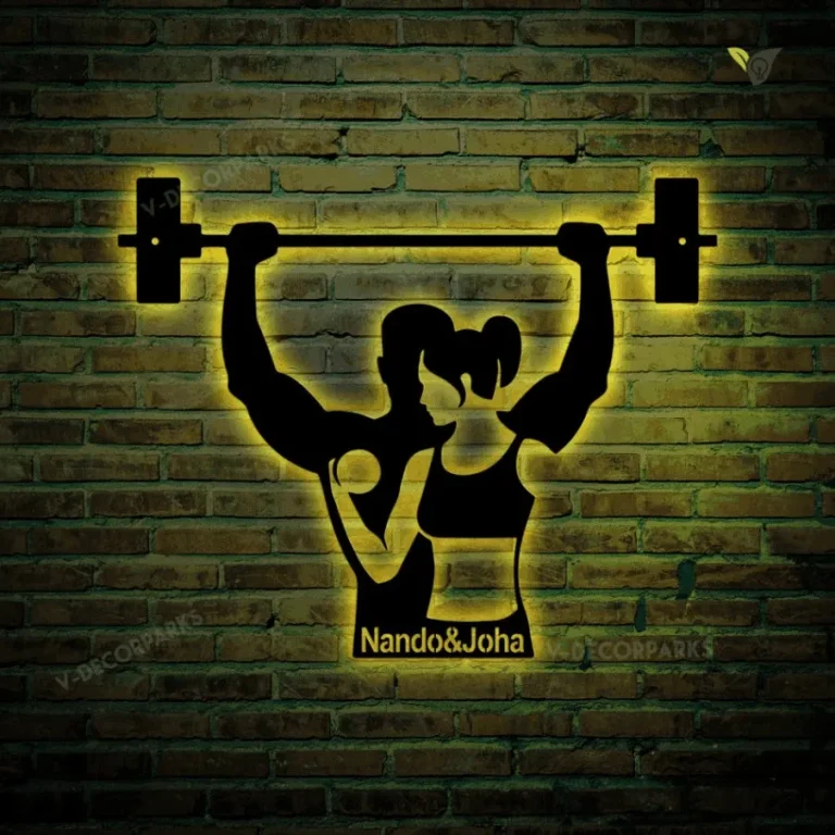 Couple Gym Workout Metal Wall Art With Led Light, Metal Wall Art For Gym, Gym Wall Decor, Decor For Gym, Fitness Wall Art