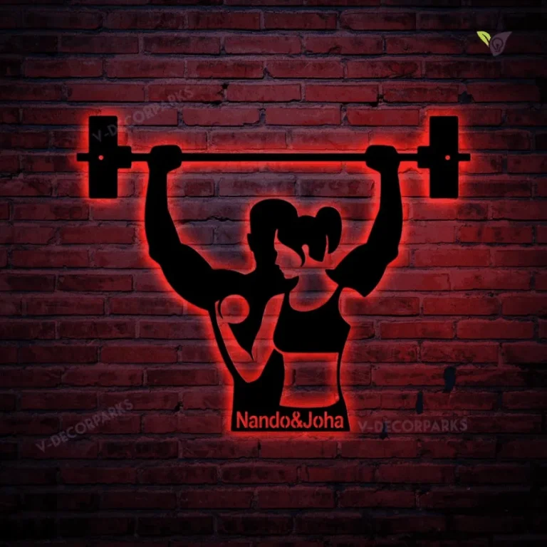 Couple Gym Workout Metal Wall Art With Led Light, Metal Wall Art For Gym, Gym Wall Decor, Decor For Gym, Fitness Wall Art