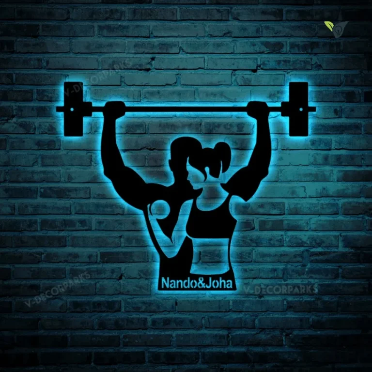 Couple Gym Workout Metal Wall Art With Led Light, Metal Wall Art For Gym, Gym Wall Decor, Decor For Gym, Fitness Wall Art