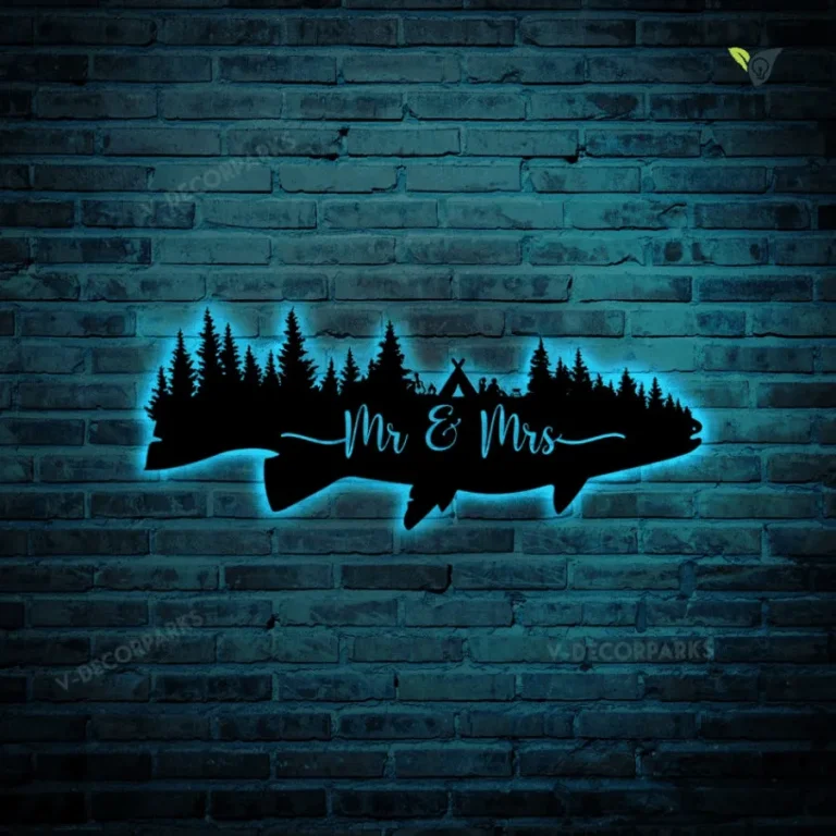 Fishing Couple Metal Sign With Led Lights ,mountain Camping, Engagement Gift, Customizable Wedding Metal Art, Wedding Monogram, Gift For Him