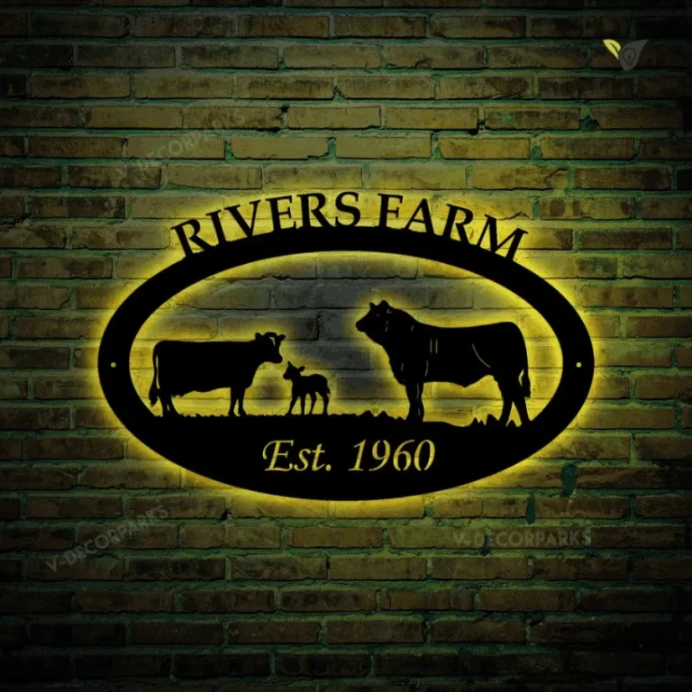 Custom Name Est Farm Sign, Cow Calf Bull Metal Sign With Led Lights With Metal Letter Farm Name, Metal Wall Art, Cut Metal House Sign