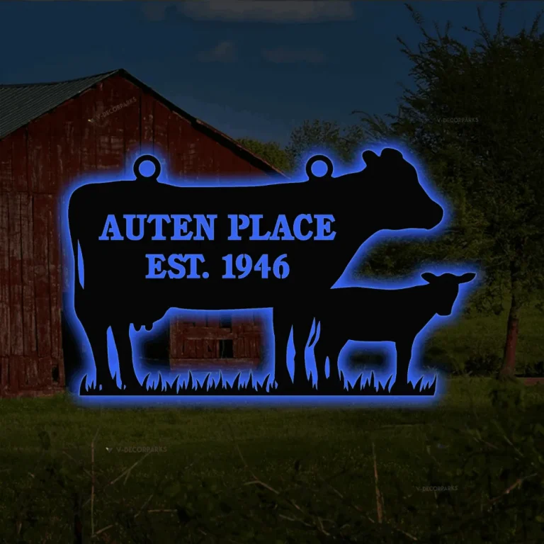 Personalized Angus Cow Farm Sign With Led Lights, Cut Metal Sign, Metal Wall Art, Metal House Sign