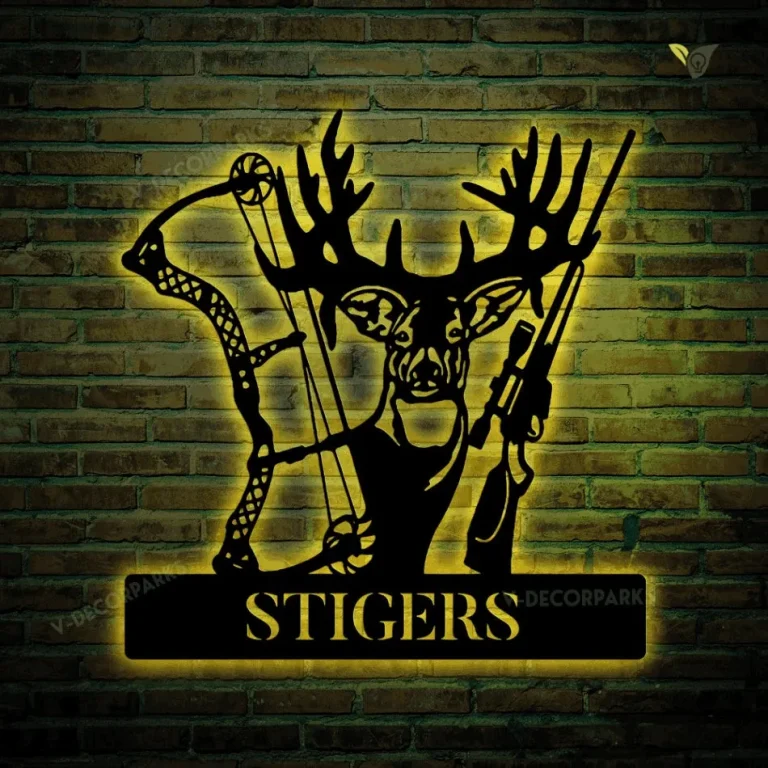Hunt Lovers Customized Name Deer And Gun Metal Wall Art Cut Metal Sign With Led Lights