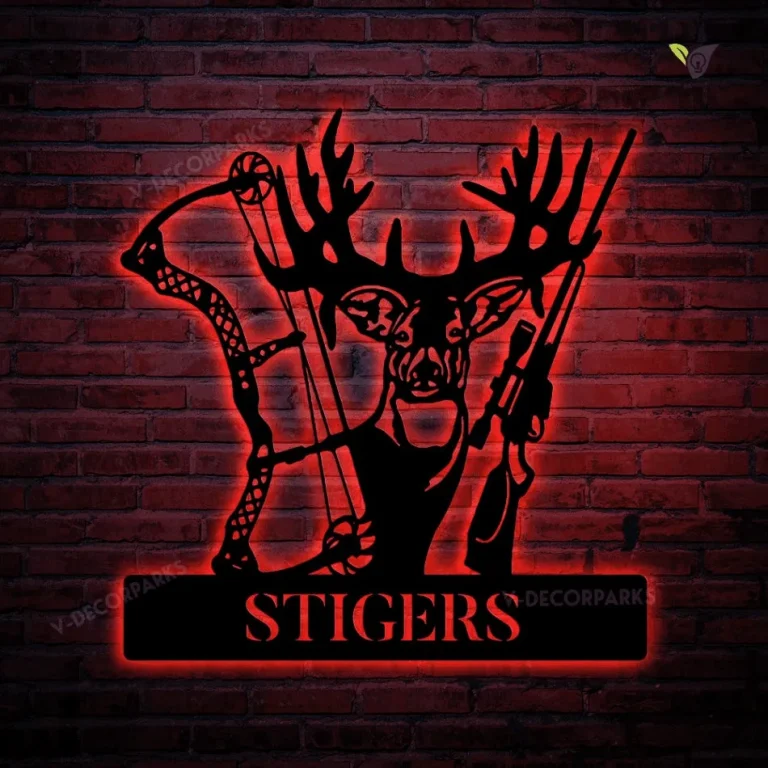 Hunt Lovers Customized Name Deer And Gun Metal Wall Art Cut Metal Sign With Led Lights