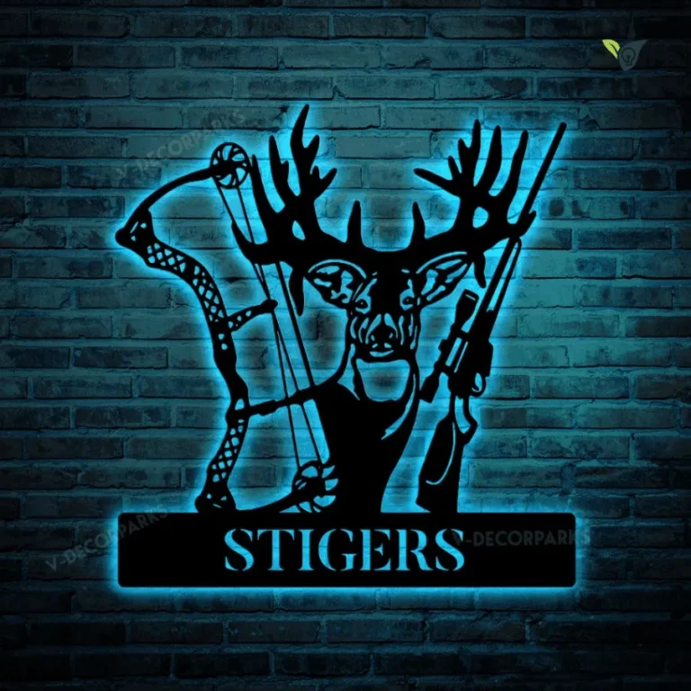 Hunt Lovers Customized Name Deer And Gun Metal Wall Art Cut Metal Sign With Led Lights