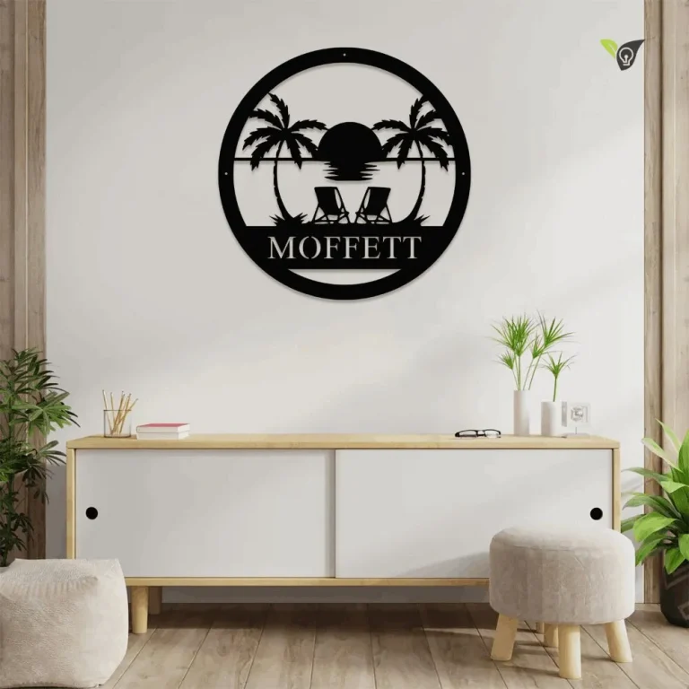 Monogram Sunset Tropical Beach Metal Sign With Led Lights, Personalized, Wedding Gift, Housewarming, Weatherproof, Metal Wall Art