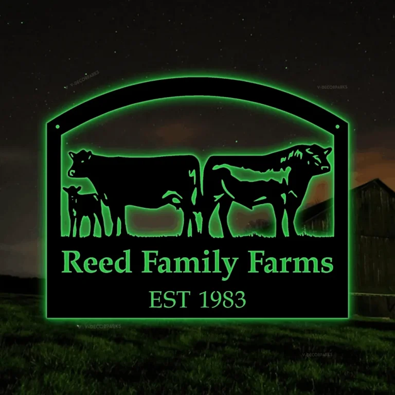 Metal Led Lights Farm Sign, Cows And Bull - Personalized Family Name Metal Sign - Wedding Gift - Personalized Gift - Metal Wall Art