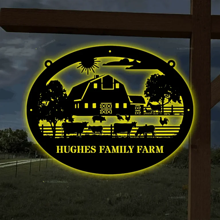 Custom Metal Farm Sign With Led Lights, Cattle Ranch, Barn Sign, Farmhouse Decor, Family Name Sign, Farmer Gift, Farm Scene Metal, Animals Sign