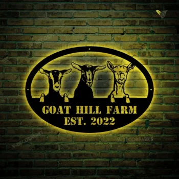 Goat Farm Metal Sign With Led Lights, Metal Farm Sign, Farmhouse Decor, Family Name Custom Sign, Metal Garden Sign, Farmer Gift, Farm Metal Art