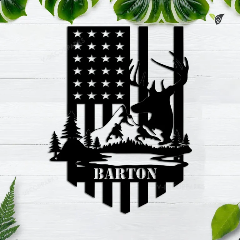 Dear Hunting Metal Wall Art, American Flag Metal Sign, Mountain Sign, Deer Sign, Hunting Sign, Hunter Gift, Metal Name Sign