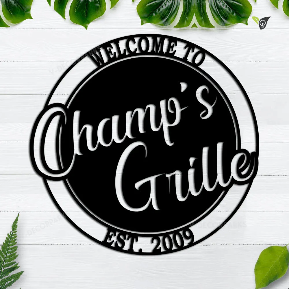 GCMSPDZ01800-28ch.webp Personalized Welcome To The Patio With Established Date Metal Sign, Metal Wall Art, Wall Hangings, Welcome Sign, Patio Sign