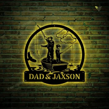 Personalized Fishing Father And Son Monogram Metal Sign With Led Lights Art, Custom Fishing Father & Son Metal Wall Art For Living Room