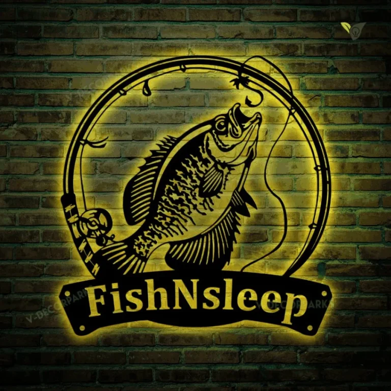 Personalized Black Crappie Fishing Fish Pole Metal Sign With Led Lights Art, Custom Black Crappie Fishing Metal Sign, Black Crappie Fishing Gift