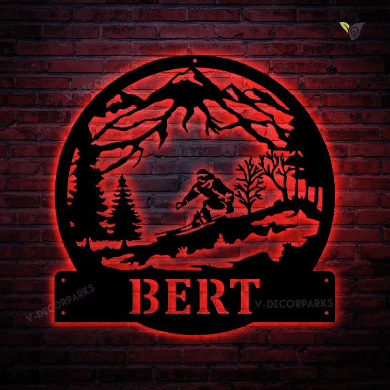 Personalized Skiing Monogram Metal Sign With Led Lights Art, Custom Skiing Metal Sign With Led Lights, Hobbie Gifts, Sport Gift, Birthday Gift