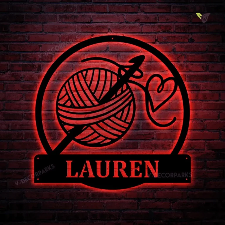 Personalized Crochet Metal Sign With Led Lights Art, Custom Crochet Monogram Metal Sign With Led Lights, Hobbie Gift, Crochet Gift