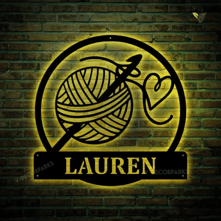 Personalized Crochet Metal Sign With Led Lights Art, Custom Crochet Monogram Metal Sign With Led Lights, Hobbie Gift, Crochet Gift