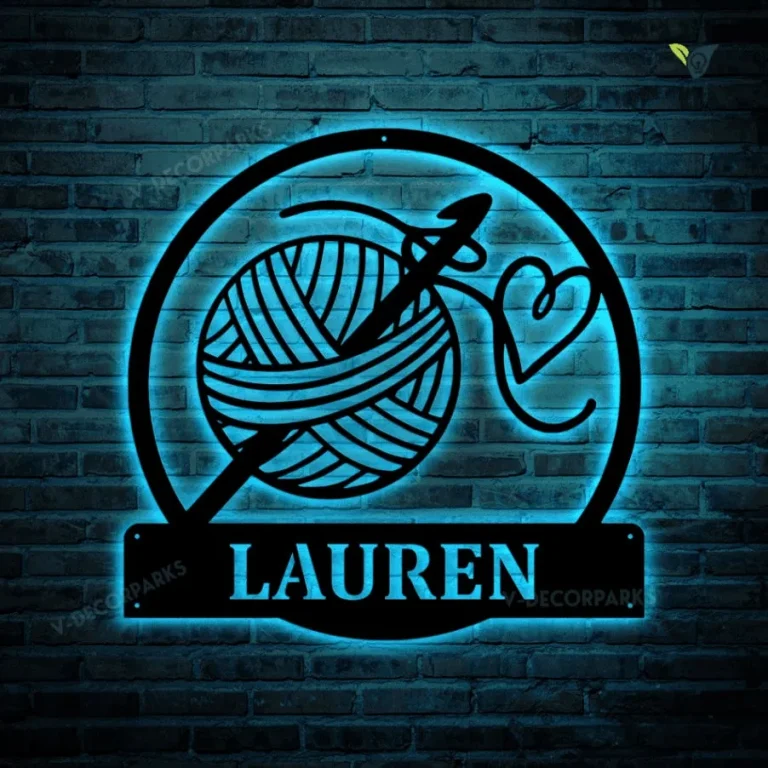 Personalized Crochet Metal Sign With Led Lights Art, Custom Crochet Monogram Metal Sign With Led Lights, Hobbie Gift, Crochet Gift
