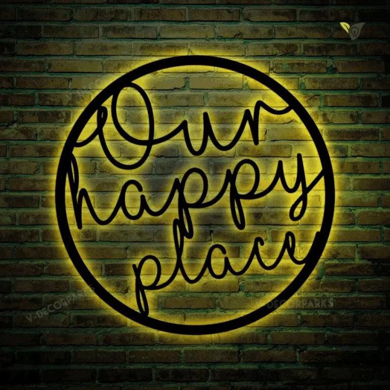 Our Happy Place Metal Wall Sign With Led Lights, Metal Wall Sign For Home, Metal Wall Decor, Metal Home Sign, Indoor - Outdoor Metal Sign