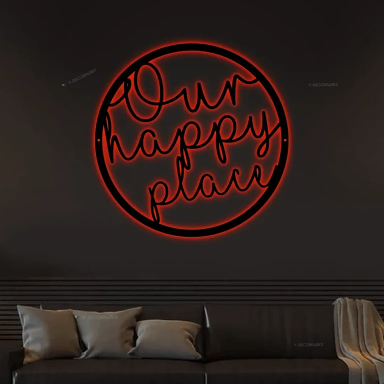 Our Happy Place Metal Wall Sign With Led Lights, Metal Wall Sign For Home, Metal Wall Decor, Metal Home Sign, Indoor - Outdoor Metal Sign