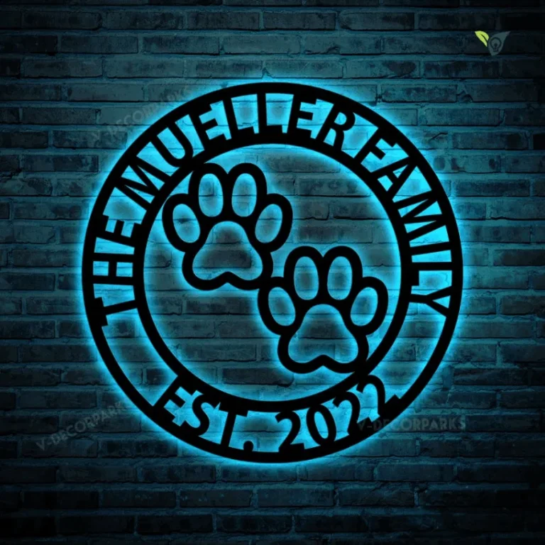 Personalized Metal Sign With Led Lights Front Door Monogram, Paw Print Custom Outdoor Metal Wall Art, Family Sign For Front Door Dog