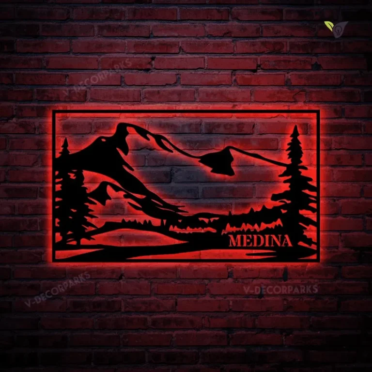 Mountains Metal Kitchen Wall Decor Metal Sign With Led Lights, Cut Metal Wall Art