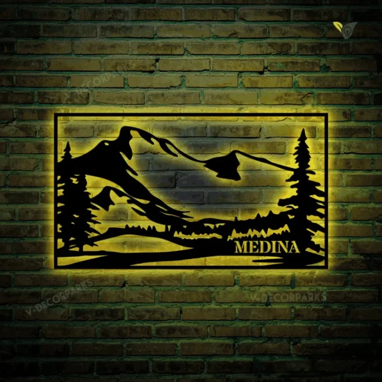 Mountains Metal Kitchen Wall Decor Metal Sign With Led Lights, Cut Metal Wall Art