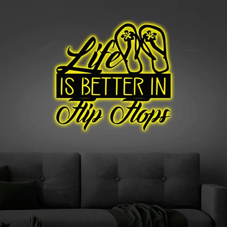 Life Is Better In Flip Flops Sign With Led Lights, Beach Sign, Ocean Decor, Spring Sign, Summer Decor, Metal Wall Quote, Gift For Her, Coastal Sign