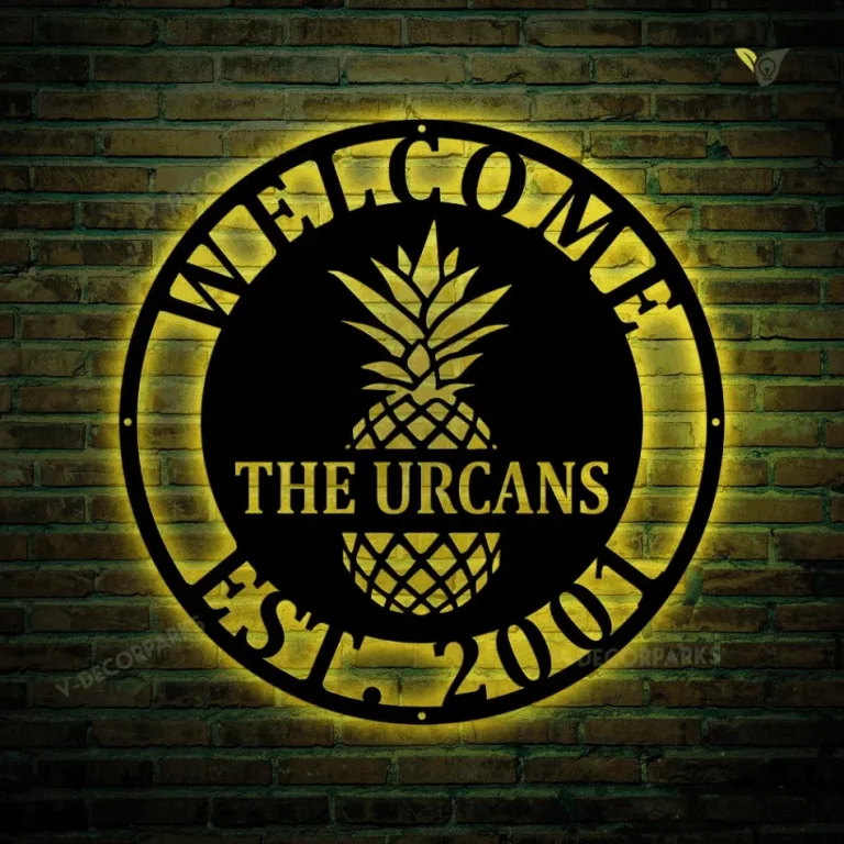 Custom Name Established Date Pineapple Metal Sign With Led Lights, Welcome Sign, Entrance Sign, Wall Decor, Custom Family Name Sign