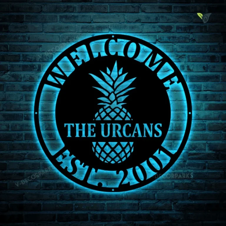 Custom Name Established Date Pineapple Metal Sign With Led Lights, Welcome Sign, Entrance Sign, Wall Decor, Custom Family Name Sign