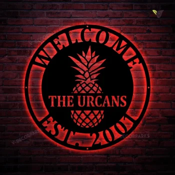 Custom Name Established Date Pineapple Metal Sign With Led Lights, Welcome Sign, Entrance Sign, Wall Decor, Custom Family Name Sign