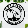 Personalized Family Pool Palm Tree Metal Sign, Metal Welcome Palm Tree Scene Sign, Customizable Weatherproof Door Hanger Or Wall Art