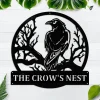 Custom Black Crow Sitting Night On Tree Metal Wall Art, Personalized Black Crow Name Sign Decoration For Room, Black Crow Home Decor
