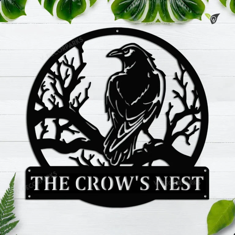 Custom Black Crow Sitting Night On Tree Metal Wall Art, Personalized Black Crow Name Sign Decoration For Room, Black Crow Home Decor