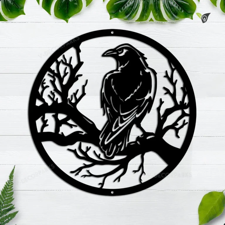 Custom Black Crow Sitting Night On Tree Metal Wall Art, Personalized Black Crow Name Sign Decoration For Room, Black Crow Home Decor