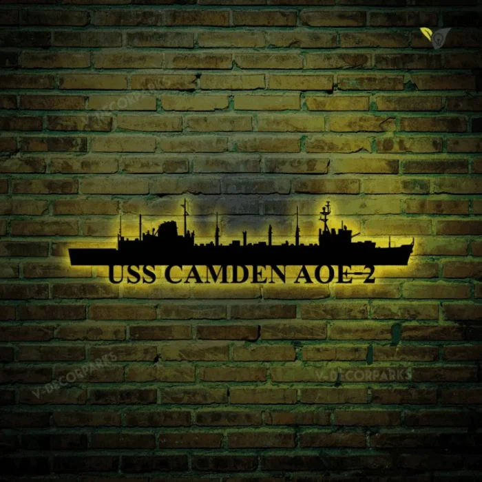 Uss Camden Aoe-2 Navy Ship Metal Art, Custom Us Navy Ship Cut Metal Sign With Led Lights, Gift For Navy Veteran, Navy Ships Silhouette Metal Art