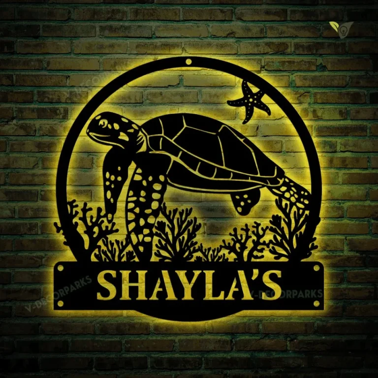 Personalized Sea Turtle Monogrammetal Sign With Led Lights Art, Custom Sea Turtle Monogram Metal Wall Art