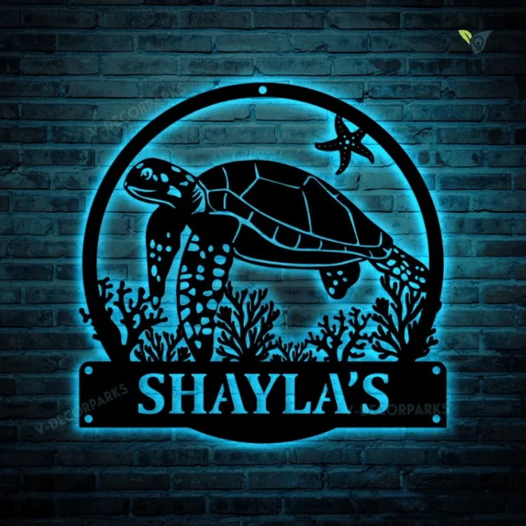 Personalized Sea Turtle Monogrammetal Sign With Led Lights Art, Custom Sea Turtle Monogram Metal Wall Art